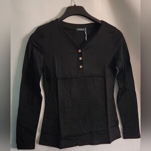 NWT OFEEFAN L/S Black Thermal Shirt  Women 3 Button Placket V Neck Fleece Size L